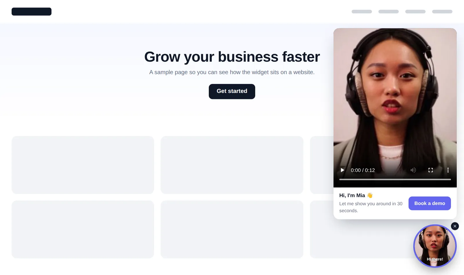 Talking-head video bubble widget in the corner of a sample gym website