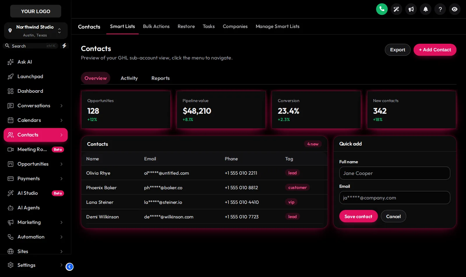 GoHighLevel in dark mode with the Obsidian OLED theme, true black surfaces and a raspberry accent