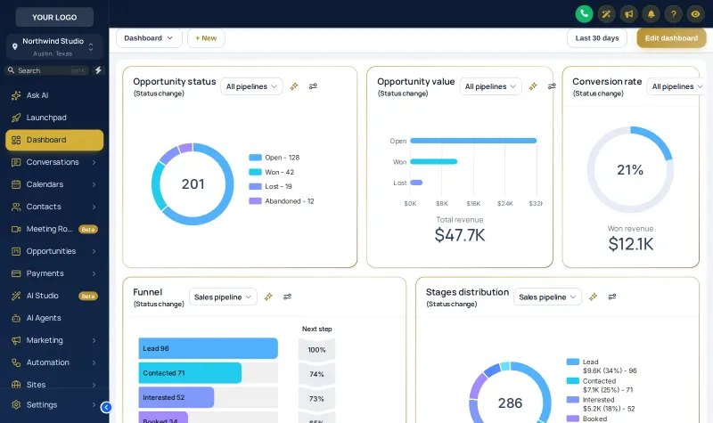 GoHighLevel sub-account dashboard restyled with the Royal Navy and Gold theme and the Studio Gradient UI kit